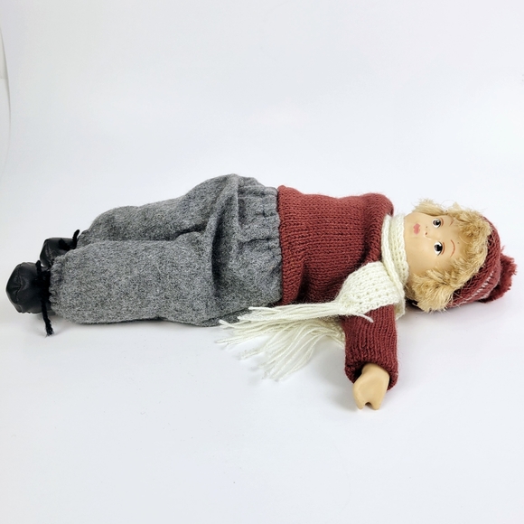 Springford Boy Girl Cloth Doll 13"~Porcelain Head Hands~Wood Snow Skis - Picture 5 of 8